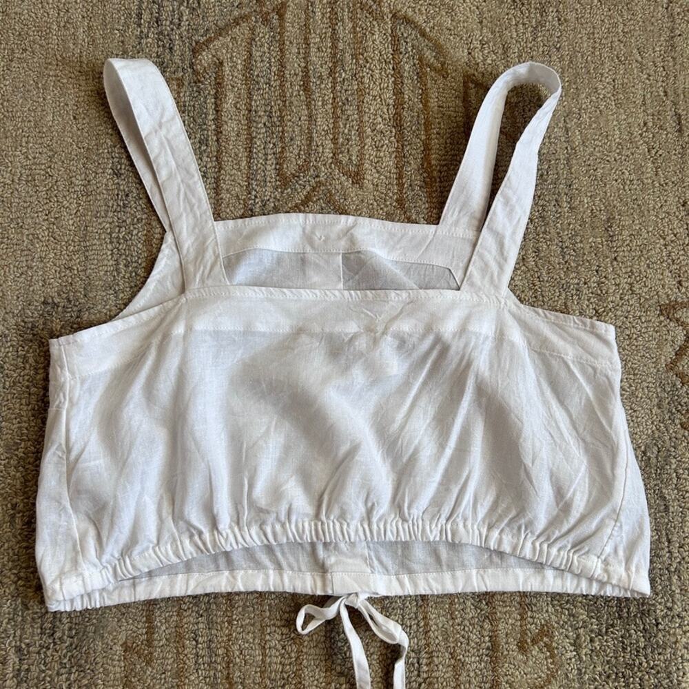 Linen Crop Top Euro Summer Square Neck Peasant Coastal Prairie Tie Hem Women M - Picture 8 of 8